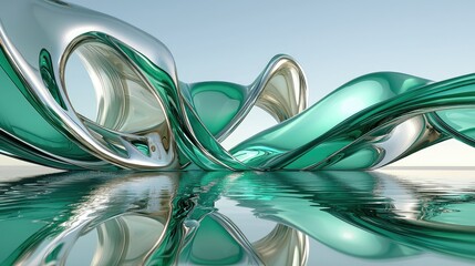 Aufkleber - Abstract 3D-rendered curved glass ribbons flowing over a reflective water surface in green-turquoise tones.
