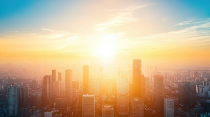 Poster - Aerial view of a futuristic city skyline at sunrise, showcasing glistening skyscrapers without any human presence.