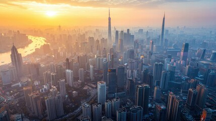 Poster - Aerial view of a futuristic city skyline at sunrise, showcasing glistening skyscrapers without any human presence.