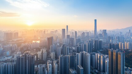 Poster - Aerial view of a futuristic city skyline at sunrise, showcasing glistening skyscrapers without any human presence.