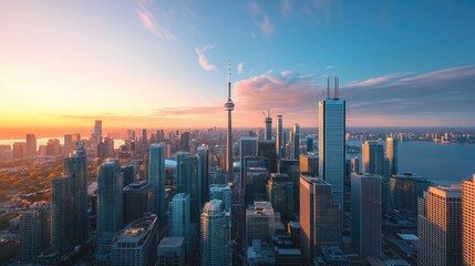 Poster - Aerial view of a futuristic city skyline at sunrise, showcasing glistening skyscrapers without any human presence.