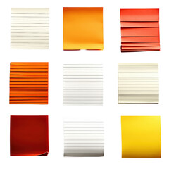Poster - Colorful set of sticky notes in various shades arranged neatly on a desk for easy access and organization of thoughts isolated on transparent background..