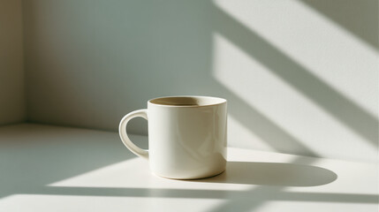Poster - Still life of a white mug with liquid inside on a white surface with window shadow patterns behind it