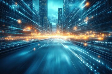 Poster - Dynamic cityscape with glowing lights and abstract lines representing speed at night