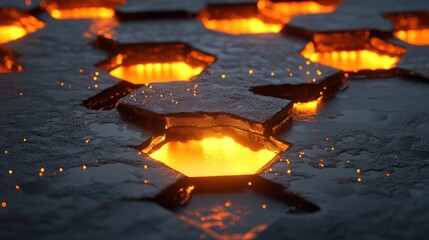 Poster - Hexagonal cracked surface with glowing molten material exposure