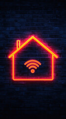 Poster - Neon house icon with Wi Fi symbol glowing against dark brick wall, representing modern connectivity and smart home technology