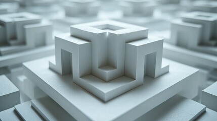 Poster - Abstract White Geometric Structure: A 3D Render of Interlocking Cubes and Shapes
