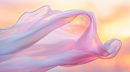 Poster - Ethereal white fabric floating in slow motion as the warm sunrise paints the sky in pastel hues.