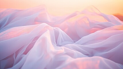 Poster - Ethereal white fabric floating in slow motion as the warm sunrise paints the sky in pastel hues.