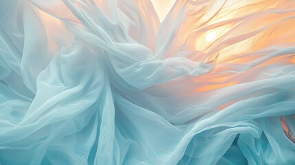 Poster - Ethereal white fabric floating in slow motion as the warm sunrise paints the sky in pastel hues.