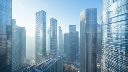 Poster - Sleek, contemporary high-rises dominate the city skyline, captured in sharp detail with no people, emphasizing structure.