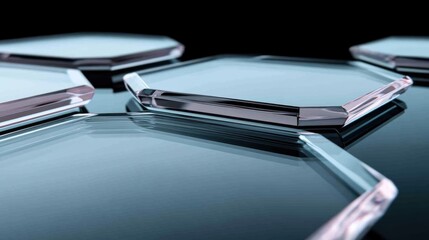 Poster - Hexagonal glass tiles reflecting light on a polished black surface