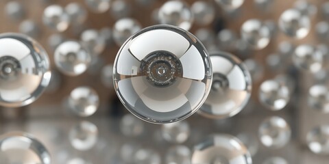 Poster - A close up view of many clear spheres with reflections on a blurred background in a studio shot