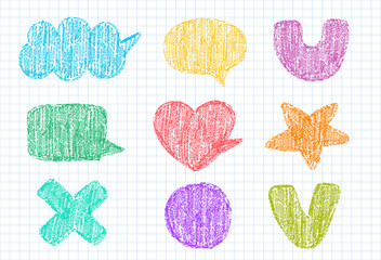 Leinwandbilder - Set of spech bubbles drawing with crayon pencil texture on checkered background