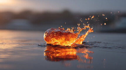 Poster - Close up of a splash of orange liquid in water with reflections and blurred background light source