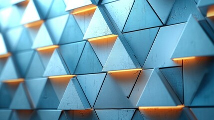 Poster - Abstract Blue Triangle Wall with Warm Lighting: Geometric Pattern, Modern Architecture, 3D Render