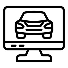 Poster - Monitor screen with passenger car line icon, car service concept. Vector graphics. Automobile inspection display sign on white background, style mobile or design.