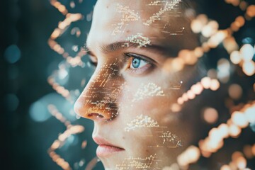 Poster - Prominent face with digital overlay in an artistic exploration of technology and human emotion