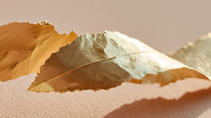 Poster - Close up shot showing golden leaves with textured surfaces against a cream colored background