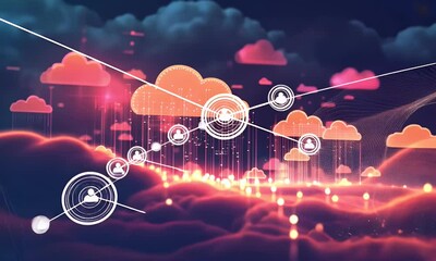 Poster - Abstract Digital Landscape With Clouds And Glowing Nodes In Vibrant Colors