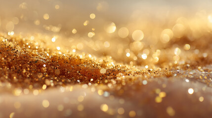 Poster - Close up of golden glitter scattered on a surface with blurred bokeh lights in the background