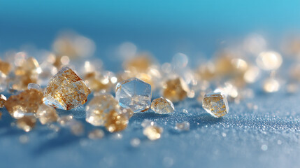 Poster - A close up shot of small golden and clear crystals scattered on a light blue textured surface