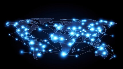 Poster - Global connectivity network visualized in glowing blue, showcasing interconnected continents with bright nodes and connecting lines