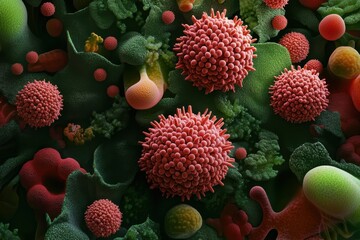 Poster - Microscopic view of virus particles interacting with plant cell structures in detail