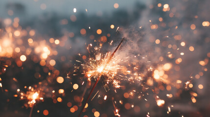 Poster - Close up of sparklers emitting bright sparks against a blurred background of bokeh lights and smoke