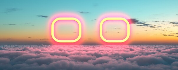 Poster - A vibrant sunset scene featuring glowing, neon-like shapes above a sea of clouds, creating a surreal and dreamlike atmosphere.