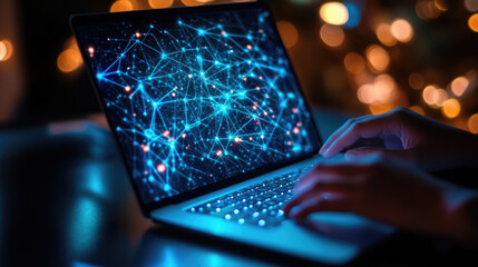 p. Business professional in a sleek office using a laptop that displays global system data with glowing network overlays 