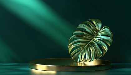 Poster - Luxury Gold Display With Leaf Shadows: Monstera Podium, Geometric Shapes Circle, Empty Pedestal, Curved Wall Platform For Product Presentation Rendering