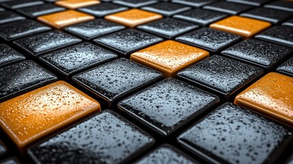 Poster - Abstract Wet Cubes Pattern: Black and Orange Shiny Blocks with Water Droplets