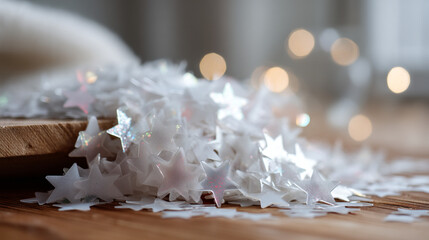 Poster - Pile of white star shaped confetti on a wooden surface with blurred lights in the background