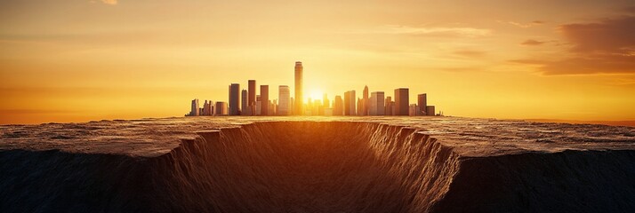 Wall Mural - sunset cityscape on a cliff edge, overlooking a deep chasm.