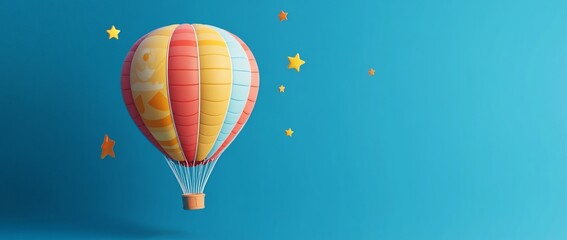 Wall Mural - colorful hot air balloon floats against a vibrant blue sky, adorned with whimsical stars.