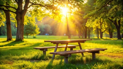 Poster - Golden hour serenity a wooden picnic table bathed in sunlight within a lush green park setting