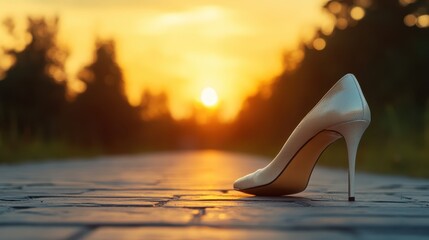 a stylish white high heel shoe is illuminated by the soft, warm tones of sunset, highlighting sophis