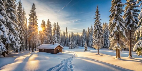 Aufkleber - Serene Winter Sunrise Illuminates a Cozy Cabin Nestled Amongst Snow-Covered Evergreen Trees, Casting Long Shadows Across a Pristine Snowscape
