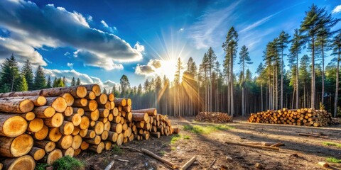 Poster - Sunlit Forest Harvesting Stacks of freshly cut logs rest in a clearing, bathed in the golden light of the setting sun, amidst a tall, majestic pine forest.