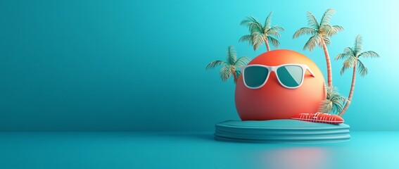 Wall Mural - summer vacation scene with sunglasses, palm trees, and a sun on a platform.