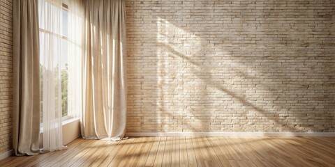 Poster - Sunlit Room with Brick Wall and Sheer Curtains, Offering a Serene and Inviting Atmosphere
