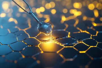 Poster - Detailed close-up of a scientific experiment with a pipette on a glowing honeycomb structure