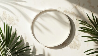 Poster - Top View Of Blank White Cylinder Frame For Mockups And Product Displays With Palm Leaf Shadows, Earth Tones, And Terrazzo Wall. Creative Concept.