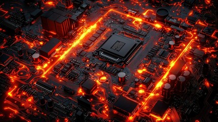 Poster - Fiery Circuit Board: A Close-Up View of a Computer Motherboard's Intricate Design