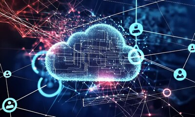 Poster - abstract representation of cloud computing with digital connections and network data flow