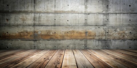 Aufkleber - Rustic Wooden Floor Against Weathered Concrete Wall Background Ideal for Interior Design Projects and Product Displays
