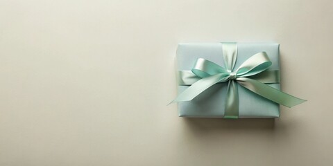 Fototapete - A delicately wrapped present, tied with a pale green satin ribbon, rests on a subtle off-white background, perfect for celebrating a special occasion or conveying a message of heartfelt appreciation.