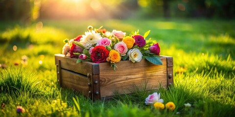 Aufkleber - A wooden crate brimming with a vibrant bouquet of assorted spring blooms, bathed in the warm glow of the setting sun, rests gently on a lush green lawn.