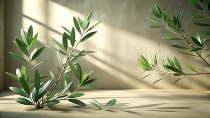 Fototapete - Serene Botanical Arrangement Lush Greenery Basking in Sunlight on Neutral Surface